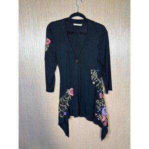 Caite embroidered longline long sleeve asymmetrical one button cardigan